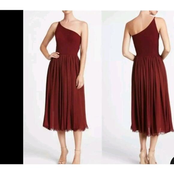 DRESS THE POPULATION ASYMMETRICAL BURGUNDY MIDI DRESS , size S - Picture 2 of 12